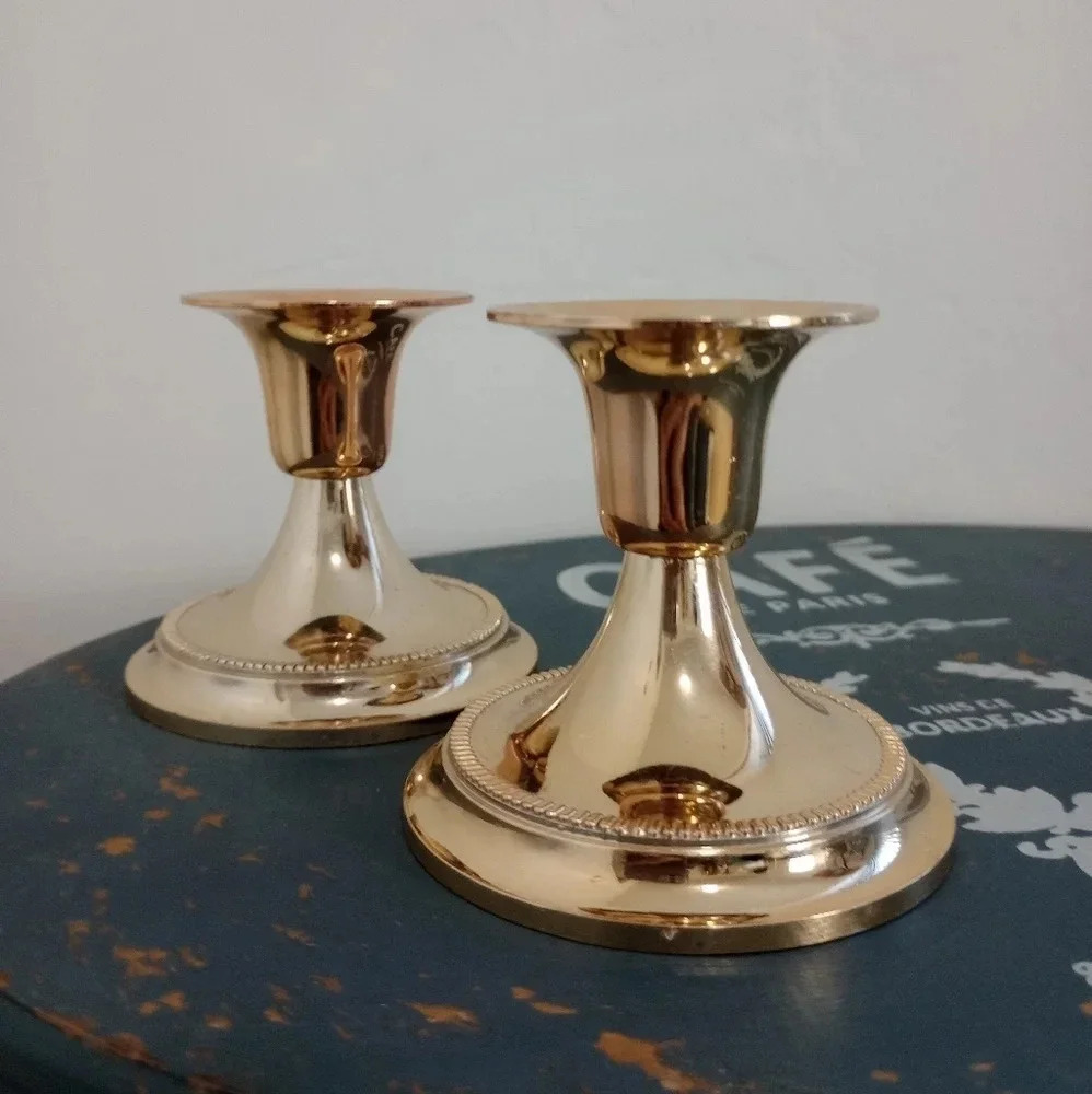 VINTAGE Candlestick Duo Brass Brushed Metal Golden Candle Decor Set Cottagecore